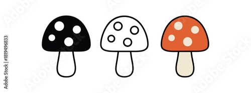 Flat vector illustration forest mushrooms with simple spots and stems rounded shapes clean outline one black and white flat version one outline version one color version textile style like