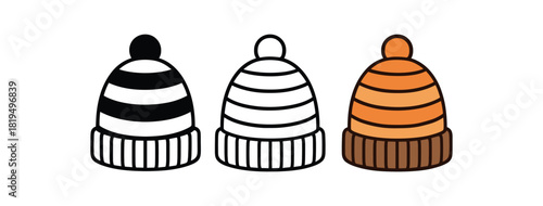 Flat vector illustration knitted hats with patterns soft rounded shapes clean outline one black and white flat version one outline version one color version textile style like sample