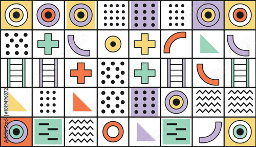 Colorful geometric shape pattern set in pastel and bold tones
Abstract grid of circles, dots, lines, and triangles for modern design