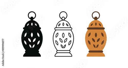 Flat vector illustration lanterns with tiny leaf cutouts rounded silhouettes clean outline one black and white flat version one outline version one color version textile style like sample