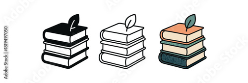 Flat vector illustration book stacks with leaf bookmarks soft rounded shapes clean outline one black and white flat version one outline version one color version textile style like sample