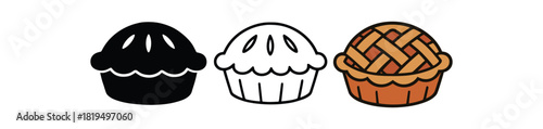 Flat vector illustration pies and tarts with simple crust patterns rounded forms clean outline one black and white flat version one outline version one color version textile style like
