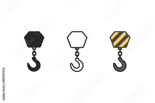 crane hook icons three industrial crane hook silhouettes with tiny chain one flat solid monochrome one thin black outline black and white one full color flat icon and gray