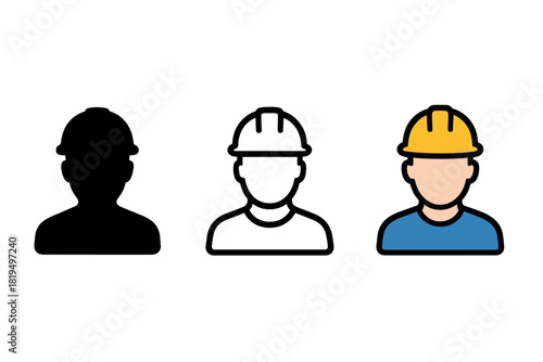 warehouse worker icons three hard hat person head and shoulders icons one flat solid monochrome one thin black outline black and white one full color flat icon helmet and blue shirt