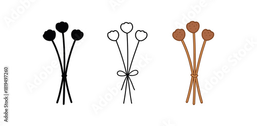 Flat vector illustration dried flower bundles with simple stems soft rounded shapes clean outline one black and white flat version one outline version one color version textile style like