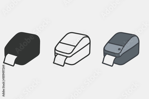 label printer icons three desktop label printer silhouettes with small label coming one flat solid monochrome one thin black outline black and white one full color flat icon gray and white