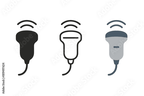 ultrasound probe icons three handheld ultrasound probe icons with tiny wave lines one flat solid monochrome one thin black outline black and white one full color flat icon gray and blue