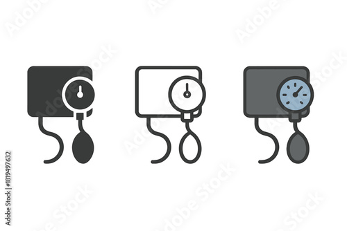 blood pressure cuff icons three cuff and gauge icons one flat solid monochrome one thin black outline black and white one full color flat icon gray cuff and blue dial
