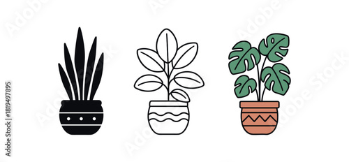Flat vector illustration houseplants decorative pots soft rounded shapes clean outline one black and white flat version one outline version one color version