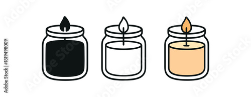 Flat vector illustration scented candles glass jars soft rounded forms clean outline one black and white flat version one outline version one color version