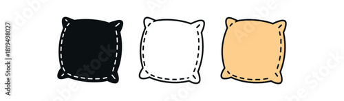 Flat vector illustration cozy pillows with stitched edges soft rounded shapes clean outline one black and white flat version one outline version one color version