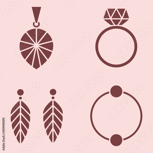 Four stylized jewelry icons on a pink background including a pendant earrings ring and bracelet vector