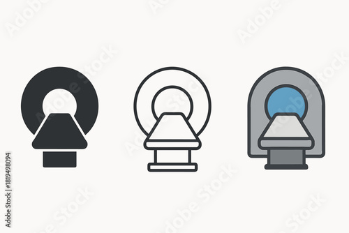 mri scanner icons three large tunnel scanner icons with bed one flat solid monochrome one thin black outline black and white one full color flat icon gray housing and blue detail