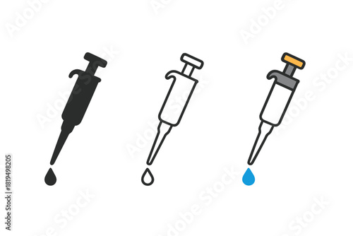 pipette icons three micropipette silhouettes with droplet one flat solid monochrome one thin black outline black and white one full color flat icon white body and colored plunger