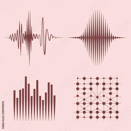 Four abstract graphic representations of sound waves and data visualization audio equalizer