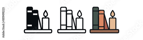 Flat vector illustration books and candle combination on shelf rounded shapes clean outline one black and white flat version one outline version one color version