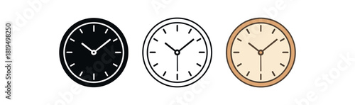 Flat vector illustration clocks with minimal patterns rounded shapes clean outline one black and white flat version one outline version one color version