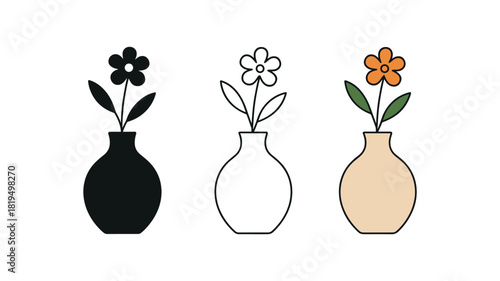 Flat vector illustration vases with simple floral decorations rounded silhouettes clean outline one black and white flat version one outline version one color version