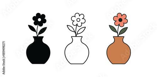 Flat vector illustration vases with simple floral decorations rounded silhouettes clean outline one black and white flat version one outline version one color version