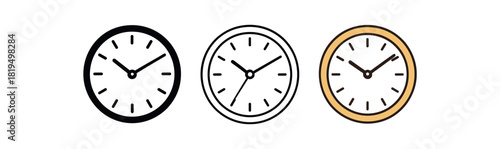 Flat vector illustration clocks with minimal patterns rounded shapes clean outline one black and white flat version one outline version one color version