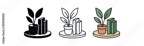 Flat vector illustration table trays with plants and books rounded shapes clean outline one black and white flat version one outline version one color version