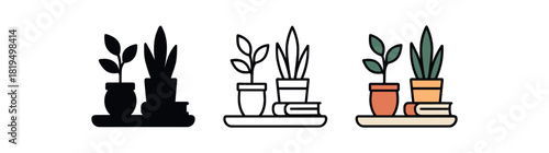 Flat vector illustration table trays with plants and books rounded shapes clean outline one black and white flat version one outline version one color version
