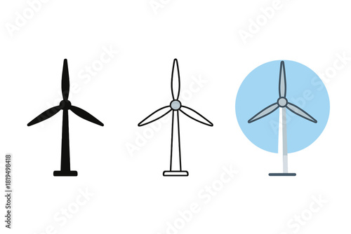 wind turbine icons three wind turbine tower icons with three blades one flat solid monochrome one thin black outline black and white one full color flat icon white tower and blue sky hint