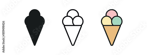 ice cream icons three ice cream cone icons one flat solid monochrome one thin black outline black and white one full color flat icon with pastel scoops