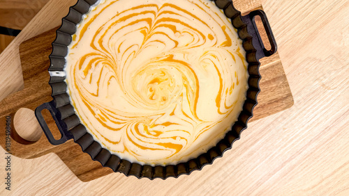 Fotografie Swirling saffron cheesecake magic, perfect for Nowruz celebrations, blends culin