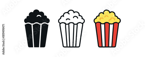 popcorn box icons three popcorn box icons one flat solid monochrome one thin black outline black and white one full color flat icon with red stripes and popcorn