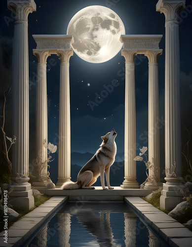 Tarot card 18 the Moon. The card depicts a night scene, where pillars are shown. A wolf howls at the Moon. 
