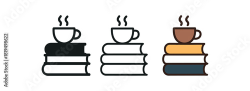 Flat vector illustration books with coffee cup on top rounded shapes clean outline one black and white flat version one outline version one color version