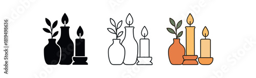 Flat vector illustration candles grouped with vases and small leaves rounded forms clean outline one black and white flat version one outline version one color version