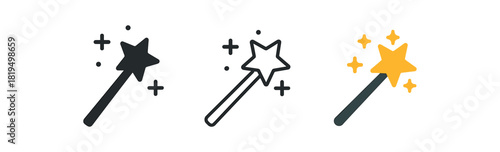 magic wand icons three magic wand icons one flat solid monochrome one thin black outline black and white one full color flat icon with tip and sparkles