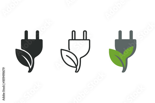 leaf plug icons three electric plug icons with leaf shape integrated one flat solid monochrome one thin black outline black and white one full color flat icon green and gray