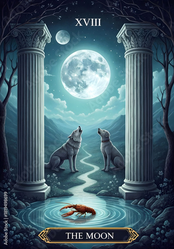 Tarot card 18 the Moon. The card depicts a night scene, where two pillars are shown. A wolf and a domesticated dog howl at the Moon while a crayfish emerges from the water.