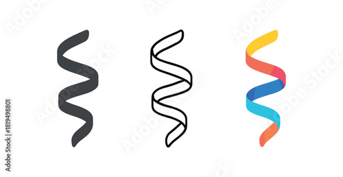 streamer swirl icons three streamer swirl icons one flat solid monochrome one thin black outline black and white one full color flat icon bright mixed colors