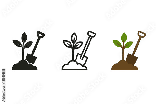 tree planting icons three small sapling with shovel silhouettes one flat solid monochrome one thin black outline black and white one full color flat icon brown and green