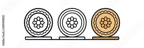 Flat vector illustration decorative plates on shelf rounded shapes clean outline one black and white flat version one outline version one color version