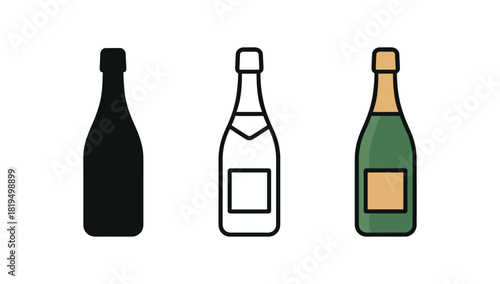 champagne bottle icons three champagne bottle icons one flat solid monochrome one thin black outline black and white one full color flat icon green glass with gold label