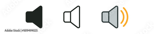 speaker icons three speaker icons one flat solid monochrome one thin black outline black and white one full color flat icon with bright sound waves
