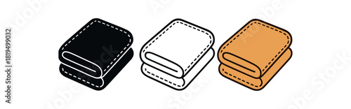 Flat vector illustration folded towels with stitched borders rounded shapes clean outline one black and white flat version one outline version one color version