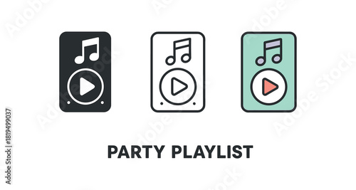 party playlist icons three music player icons one flat solid monochrome one thin black outline black and white one full color flat icon with play button and pastel accents