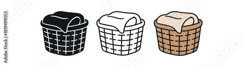 Flat vector illustration baskets with soft blankets inside rounded forms clean outline one black and white flat version one outline version one color version