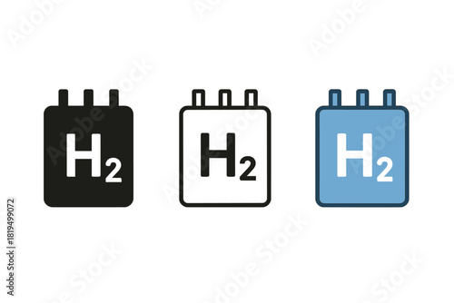 hydrogen fuel cell icons three rectangular cell icons with h2 symbol one flat solid monochrome one thin black outline black and white one full color flat icon blue and white