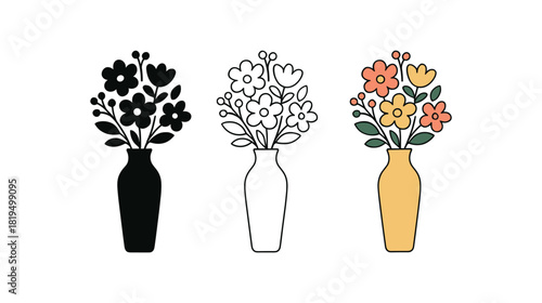 Flat vector illustration flower bouquets tall vases rounded silhouettes clean outline one black and white flat version one outline version one color version