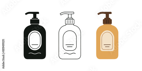 Flat vector illustration liquid soap and shampoo bottles with simple label accents rounded silhouettes clean outline one black and white flat version one outline version one color version
