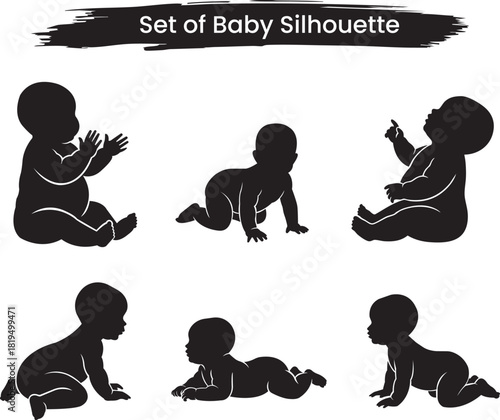 Vector Silhouette Set of Six Babies and Infants in Different Poses, Crawling and Sitting