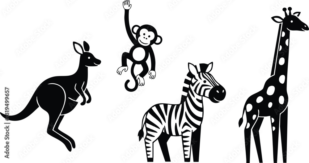Naklejka premium Kangaroo monkey zebra and giraffe animal silhouettes vector illustration for children education and wildlife concept
