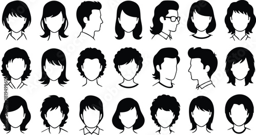 Diverse female hairstyles and head silhouettes collection in black and white vector illustration for beauty and fashion design 